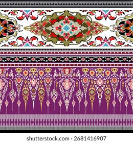 Ancient Thai pattern, beautiful colors, hand-painted gold, light purple background, white, seamless, for digital printing, textile, sarong, loincloth, wallpaper