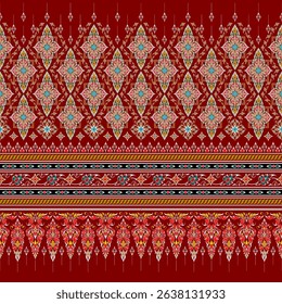 Ancient Thai pattern, bright colors, red background, seamless for digital printing, textiles, wallpapers
