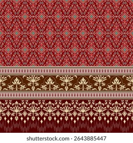 Ancient Thai pattern, bright colors, hand drawn, dark red background, seamless for digital printing, textile, sarong, loincloth, wallpaper