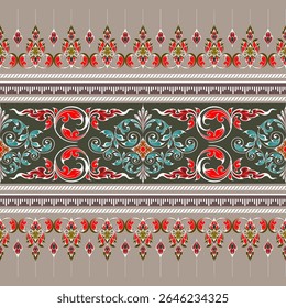 Antiguo patrón tailandés, colorido, dibujado a mano, fondo verde-gris, sin costuras para la impresión digital, textil, sarong, taparrabos, Fondo de pantalla