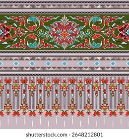 Antiguo patrón tailandés, colorido, dibujado a mano, fondo verde-rosa, sin costuras para la impresión digital, textil, sarong, taparrabos, Fondo de pantalla