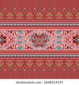 Padrão tailandês antigo, colorido, desenhado à mão, fundo rosa, sem costura, para impressão digital, têxtil, sarong, tanga, papel de parede