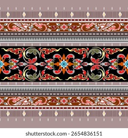 Ancient Thai pattern, colorful, hand drawn, black-gray background, seamless for digital printing, textile, sarong, loincloth, wallpaper