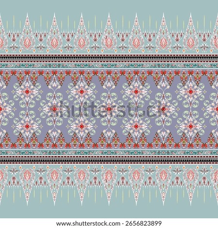 Ancient Thai pattern, colorful, hand drawn, blue background, seamless, for digital printing, textile, sarong, loincloth, wallpaper