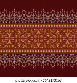 Ancient Thai pattern, Eastern mixed with traditional Western patterns, on a dark red background, seamless hand drawn, designed for fabric, textile, sarong, curtain, wallpaper.