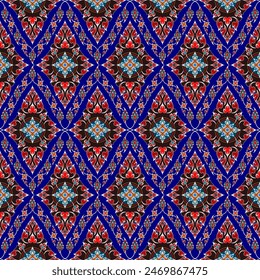 Mezcla vintage, algunos barrocos, colores brillantes sobre un fondo azul. Sin costura para impresión digital, textiles, Fondos de pantalla.