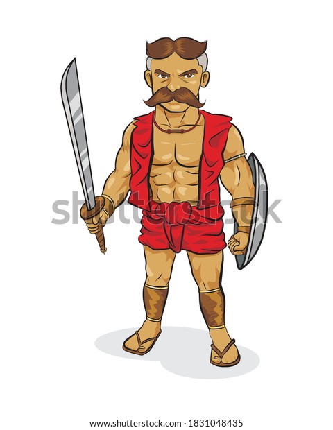 Ancient Thai warrior standing\
holding sword and shield. vector illustration isolated cartoon hand\
drawn