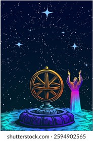 ancient, thinker, scientist, priest, alchemist, astrolabe, compass, starry sky, constellations, cult, ritual, sanctuary, mysticism, fantasy, flickering, neon, gradients