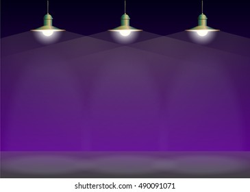 Ancient three bronze lamp hanging on the wire. Big and empty space illuminated on the purple wall. Vector illustration of lighting.