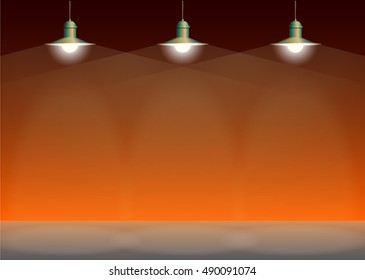 Ancient three bronze lamp hanging on the wire. Big and empty space illuminated on the orange wall. Vector illustration of lighting.