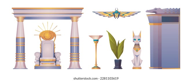 Ancient throne of egypt pharaoh for god temple cartoon vector set. Egyptian indoor column symmetry and crocodile wall construction. Cat sculpture, sit place with gold eye and torch symbol collection.