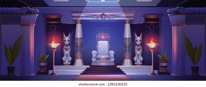 Ancient throne in egyptian palace at night. Dark old egypt temple architecture with god symbol - sun, cat, scarab sacer. Symmetry construction interior design with statue and sit place in room. svg