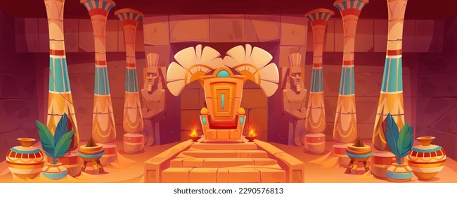 Ancient throne room in Egyptian palace. Vector cartoon illustration of antique pharaoh chair, stone guard statues, palm leaves in antique vases. Old temple interior with hieroglyphs on stone walls