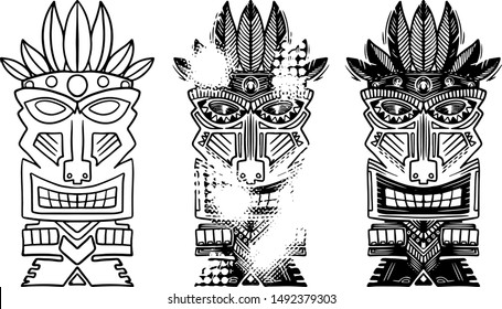 Ancient Tiki idols hand drawn illustrations set. Antique African tribal face mask isolated gradient cliparts pack. Aztec ethnic statue, national and religious totem design elements collection