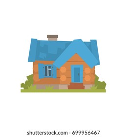 Ancient timbered log cabin with blue roof vector Illustration