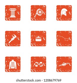 Ancient time icons set. Grunge set of 9 ancient time vector icons for web isolated on white background