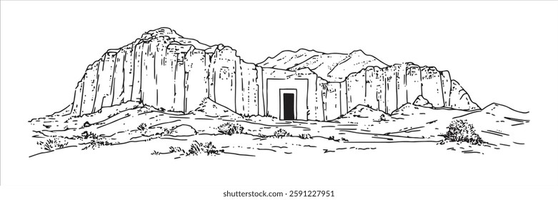 ancient tomb entrance in rocky desert landscape in sketch style