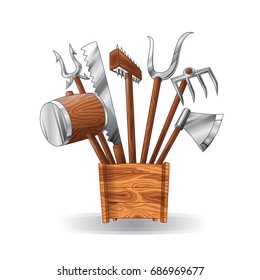 Ancient tool set with wooden box vector