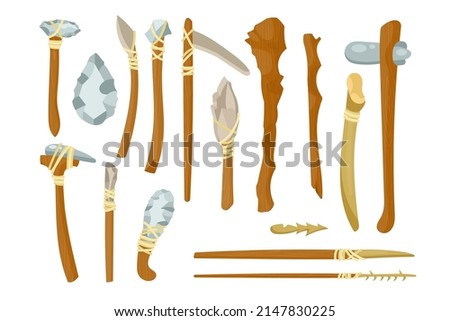 Ancient tools from bones and stones vector illustrations set. Primitive weapons of prehistoric people or barbarians for hunting, knife, axe isolated on white background. History, Stone age concept
