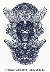 Ancient totem. Panther, tiger, owl and mayan sun. Mayan and Aztec style. Wild animals art. Tattoo and t-shirt design. Mexican mesoamerican monolith 