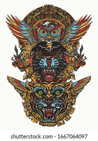 Ancient totem. Panther, tiger, owl and mayan sun. Mexican mesoamerican monolith. Mayan and Aztec style. Wild animals art. Tattoo and t-shirt design 