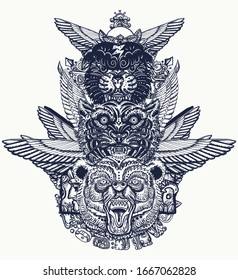 Ancient totem tattoo and t-shirt design. Golden wings, black panther, tiger and grizzly bear head. Mexican mesoamerican monolith. Mayan and Aztec style. Wild animals art 