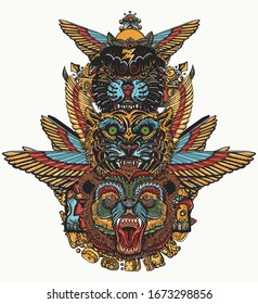 Ancient totem tattoo and t-shirt design. Golden wings, black panther, tiger and grizzly bear head. Mayan and Aztec style. Wild animals art. Mexican mesoamerican monolith 