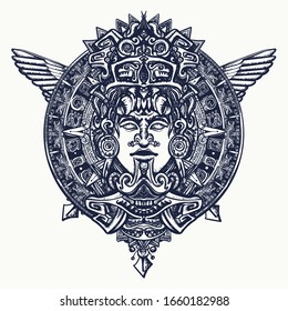 Ancient totem, wings and mayan sun tattoo and t-shirt design. Aztec art. Mexican god. Mesoamerican mythology 