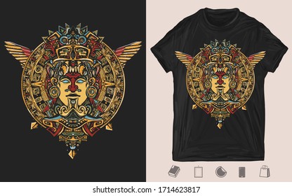 Tótem antiguo, alas y sol maya. Impresión creativa. dios mexicano. Diseño de pantalones T. Plantilla para carteles, textiles, prendas de vestir. Ilustración de vectores para ropa oscura