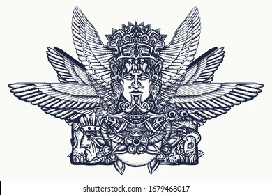 Ancient totem and wings, tattoo and t-shirt design. Mesoamerican mythology. Aztec art. Mexican god 