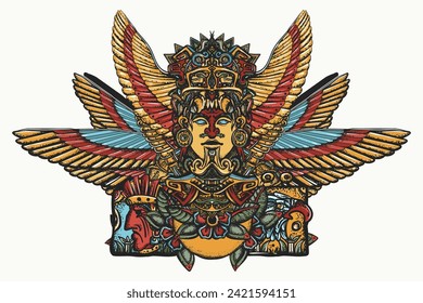 Tótem y alas antiguas, tatuaje y diseño de camisetas. dios mexicano. Mitología mesoamericana. Arte azteca