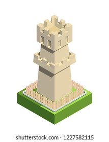 Ancient tower, retro castle element, trendy isometric style. Vector illustration