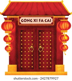 Ancient traditional Chinese doors in red and yellow, decorated with lanterns with the words Gong Xi Fa Cai to celebrate Chinese New Year. CNY. 