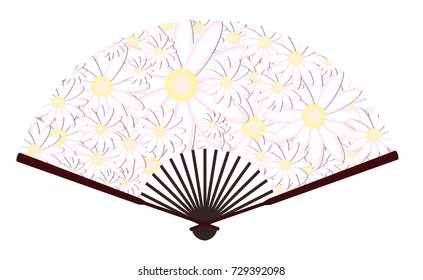 Ancient Traditional Japanese fan with Marguerite Painting 