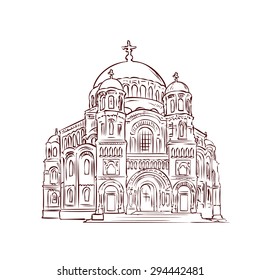 Ancient traditional Orthodox church. Hand drawn vector illustration.