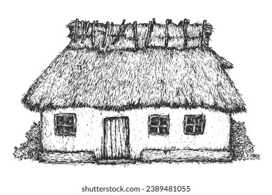 Ancient traditional village house or cottage. Old hut in hand drawn sketch style. Vintage art composition outdoor nature. Vector illustration.