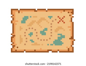 Ancient Treasure Map on Parchment. Pixel art path Map icon. 8-bit retro game assets. Abstract pixel map with paper ripped sides. Editable vector illustration