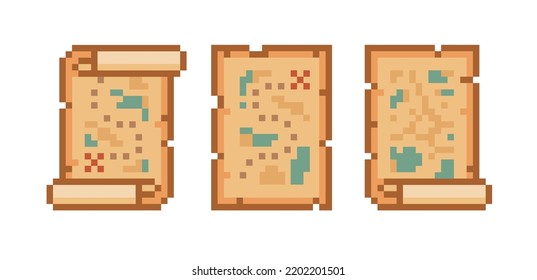 Ancient Treasure Map Set On Parchment Scroll. Pixel Art Path Map Icon. 8-bit Retro Game Assets. Abstract Pixel Map With Paper Ripped Sides. Editable Vector Illustration