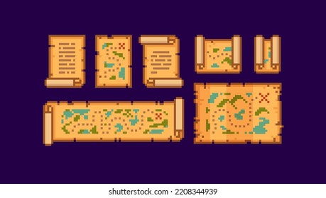 Ancient Treasure Map set on Parchment Scroll. Pixel art path Map icon. 8-bit retro game assets. Abstract pixel map with paper ripped sides. Editable vector illustration