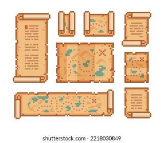 Ancient Treasure Map set on Parchment Scroll. Pixel art path Map icon. 8-bit retro game assets. Abstract pixel map with paper ripped sides. Editable vector illustration
