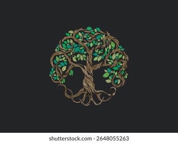 Ancient Tree  logo , circular shape. old tree hand drawing art. vector.