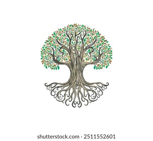 Ancient Tree and roots vector, tree with round shape