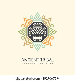 Ancient tribal creative native art symbol or tattoo design. Logo idea with Mayan or Aztec sun borders and glyph. Vector ornament.