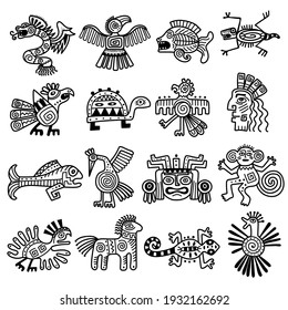 Ancient tribal logo. Mexican aztec icons animals decoration mayan pattern recent vector collection