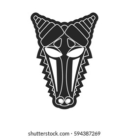 ancient tribal mask in black and white style. Icon or logo on a white background