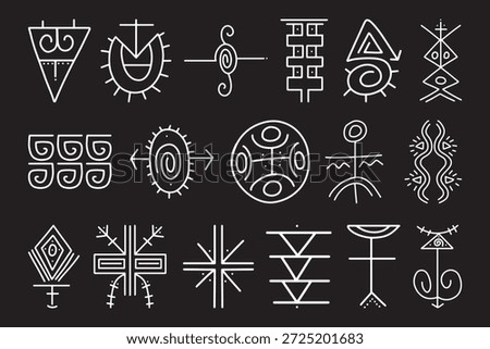  Ancient Tribal Symbol Collection, Abstract Sacred Glyphs Line Art on Black Background