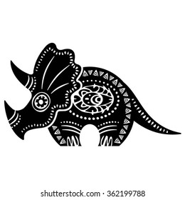 Ancient tribal totemic stylized dinosaur. Isolated black and white vector illustration