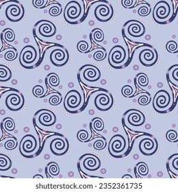 Ancient triple spiral celtic triskele sacred sign repeating pattern. Three legs triskele whirlpool sacred geometry. Wiccan joining spirals psychedelic motif. Druid symbol ornament.