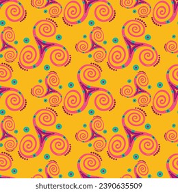 Ancient triple spiral celtic triskele spiritual sign seamless pattern. Three legs triskelion swirl sacred geometry. Greek joining spirals mystical motif. Viking symbol ornament.