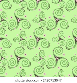 Ancient triple spiral celtic triskele rotating symbol repeating pattern. Three legs triskelion whirlpool sacred geometry. Celtic joining spirals traditional motif. Eternity sign ornament.